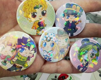 Chibi JoJo' bizarre adventure chibi shiny holographic pin buttons - mix