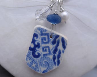 Blue Pottery Sea Glass Necklace Jewelry Pottery Shard Pendant Sterling
