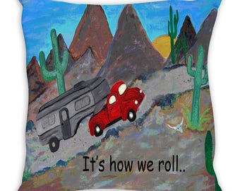 Happy camper 5th wheel camper and truck in desert double sided art throw or body pillow case from my art