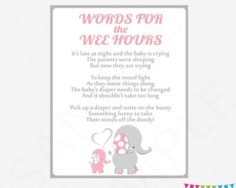 Pink and Gray Elephant Baby Shower Games, Late Night Diapers, Words for the Wee Hours, Girl Baby Shower Diaper Game Sign Printable EL0005-lp