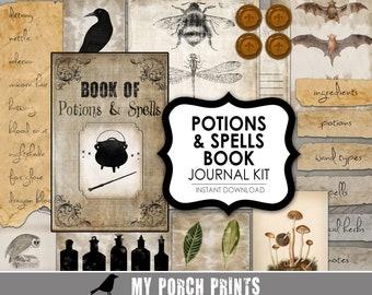 Potions Book, Spell Book, Journal Kit, Vintage, Scrapbook page, Halloween decor, ATC, grunge, potion label, embellishment, junk journal