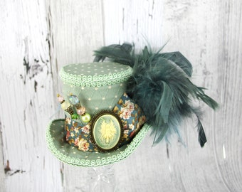 Light Green Floral Fairy Cameo Medium Mini Top Hat Fascinator, Alice in Wonderland, Mad Hatter Tea Party, Derby Hat