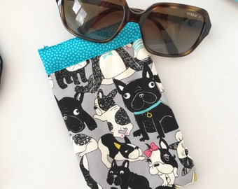 Sunglasses Pouch - Glasses Case - Padded - Snap Shut - French Bulldogs