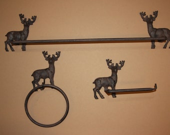 3 pieces) Buck bath decor, hunting lodge decor, free shipping, toilet paper holder, towel ring, rustic brown, deer bath, BS-1,2,3