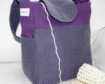 Purple, upholstery, canvas, wool, Knitting Bag, VEGAN, Vinyl Interior, Lots of Pockets, girl's bag, crochet organizer, knitting project