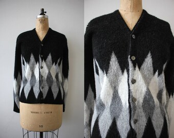 vintage 1960s sweater / 60s black & gray cardigan / 60s harlequin sweater / 60s cardigan / 60s rat pack sweater / medium