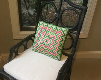 Mid-century modern geometric flame stitch needlepoint pillow