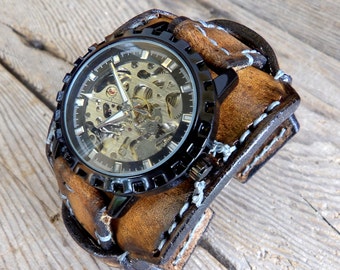 Skeleton leather watch for men's, Leather Cuff Watch, Wrist Watch, Vintage Brown watch, Men's Leather Cuff, Bracelet Watch, Mechanical