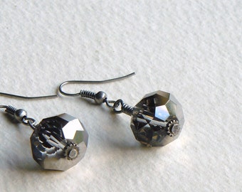 Faceted Gray Glass Rondelles Antiqued Silver Wire Wrapped Earrings