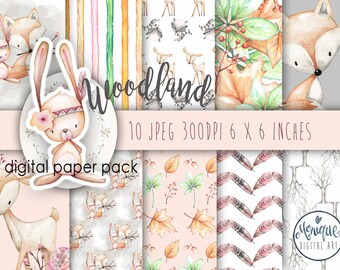 Woodland Forest Digital Papers. Watercolor designer clip art, Fox, planner, fabric, woodland, stickers, backdrop, baby shower, invitations