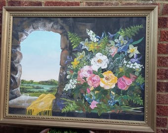 Large Original Oil Painting Still Life Flowers Landscape Gilt Frame.