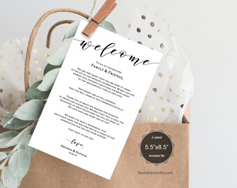 Wedding Welcome and Itinerary card, editable PDF template, Timeline card, Wedding weekend, welcome bag, box, hotel, rustic theme (TED449_17)
