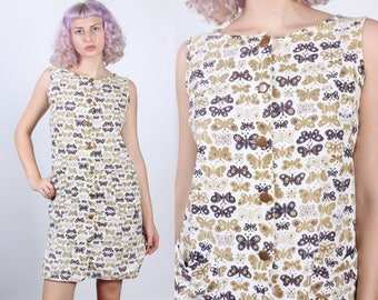 60s Butterfly Dress // Vintage Fritzi California Button Up Mini Shift Dress - Extra Large XL