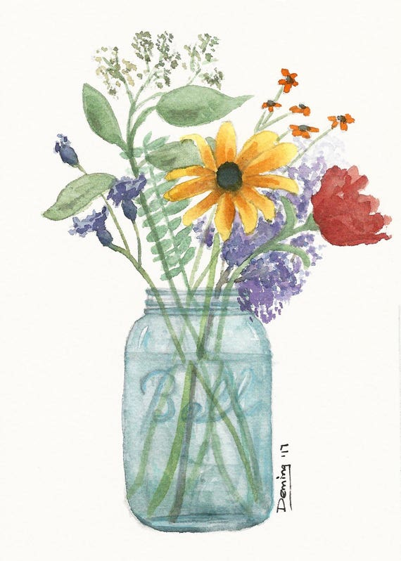 Ball Jar Flowers Watercolor Print Art Print Watercolor