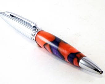 Handmade Mini Pen - Ballpoint Pen in Pink, Orange and Blue Swirl Chrome Plating, Handcrafted Swarovski Pen, Pen Gift, Pen, Handturned Pen