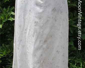 BOHO LINEN SKIRT, White Linen Midi Maxi, ditzy floral print in brown, Vintage 90s does 70s, Hippie chic white skirt, summer, tiny pockets Sm