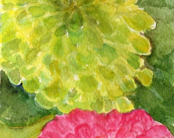Zinnias Original Watercolor Painting, Flower Painting, Small Pink and Lime Green Floral Wall Art SharonFosterArt floral