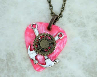Guitar Pick Necklace - Geared Crossed Hammers