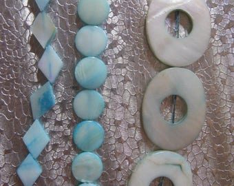 Blue Mother of Pearl Shell Beads Assorted Shapes 3 Strands 10-15-30mm B3-1