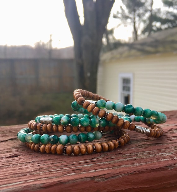 Green Agate & Wood Beaded Stack Bangles