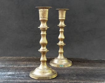 Brass Candlestick Candleholders - Unpolished Vintage Candle Holders - Set of Two - Country Cottage - Eclectic - Bohemian Decor