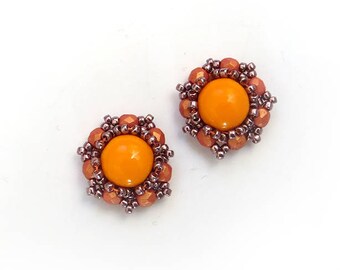 Vintage style orange studs, Tangerine Orange Earrings, Handmade Earrings, Beaded Jewelry, Bridesmaids Gift, Hand Embroidered