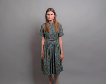 Vintage 50s Shirt Dress / Floral Summer Dress / Full Skirt Dress / 1950s Cotton Dress Δ size: S