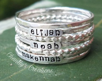 2mm-Sterling-Silver-Stackable-Name-Rings-Lowercase-Font-Mother's-Ring-Push-Present-Stacking-Band-Customized-Thumb-Pinky-Hammered-Spacers-Set