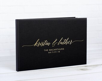 Real Gold Foil Wedding Guest Book Alternative Custom Wedding Guestbook Personalized Guest Book Hardcover Instant Photo Booth 100 Black Pages