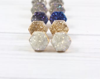 Druzy Studs, Druzy Stud Earrings, Druzy Post Earrings, Druzy Earrings, Hexagon Stud Earrings, Gift for Her, Post Earrings, Gold Earrings