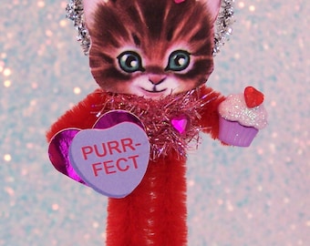 SALE! Vintage Valentine's Day Cat Chenille Feather Tree Ornament