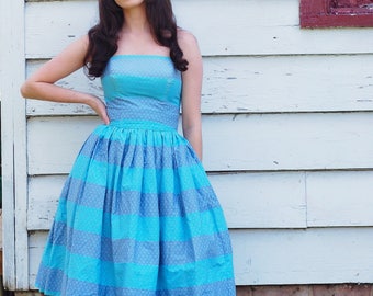 1950s strapless polished cotton dress