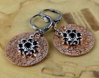 Jet Black Copper Eclipse hand textured copper and Swarovski crystal gunmetal leverback earrings