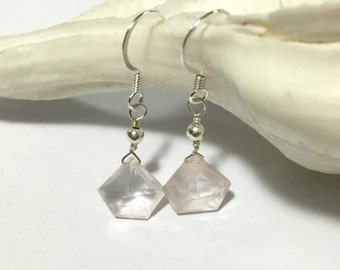 Rose Quartz Earrings - Diamond Gemstone Earrings - Pink Quartz Gemstone - Sterling Silver Gemstone Earrings - Gemstone Jewelry - Light Pink