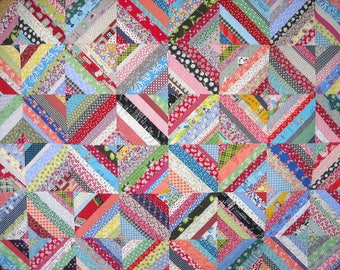 Queen Size Quilt - 95 x 95 - String Quilt - Scrap Quilt - Vintage 30s Look - Reproduction Feedsack Prints