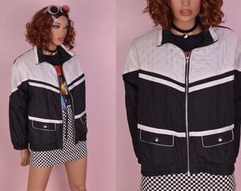 90s Black and White Windbreaker Jacket/ Medium/ 1990s