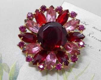 Red & Pink Marquise Rhinestone Flower Brooch w/ Large Center Stone OY31