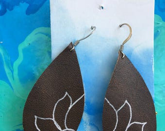 Brown Handpainted Leather Teardrop Earrings