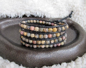 Beaded Gemstone Leather Wrap Bracelet with Leopard Jasper