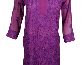 Purple Floral Embroidered Tunic Long Sleeves Beach Cover Up Ethnic Wear Georgette Sheer Summer Dresses S/M