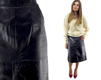 SALE - 80s Black Midi Leather Skirt ΔΔ High-Waist Leather Pencil Skirt Minimalist Leather Midi Skirt ΔΔ sm