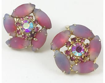 Gorgeous Frosted Sabrina Pink Flower Clip on Earrings, AB Rhinestone and Pink Glass Stone earrings