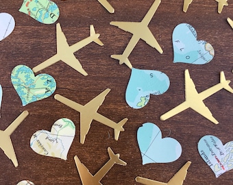 150 travel Confetti Pieces, map/atlas hearts, gold aeroplanes. Weddings, leaving party, travel