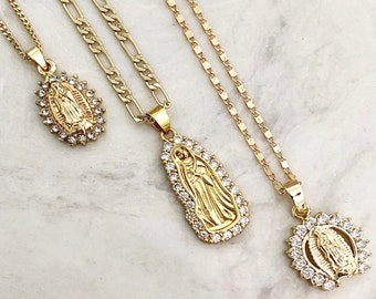 The CZ Halo Virgin Mary Necklace/Gold Virgin Mary/Medallion Necklace/Layering Necklace/Tiny Coin Necklace/Saint Charm Necklace/ Coin Chain