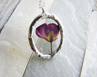 Framed Glass Pendant, Pressed Flower Necklace, Geranium Flower Necklace, Soldered Jewelry, Stained Glass Nature Inspired Botanical Jewelry