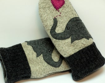 Eco Friendly Mittens Wool Sweater Mittens Felted Wool Gray Elephant Applique Fleece Lining Leather Palm Upcycled Size M/L
