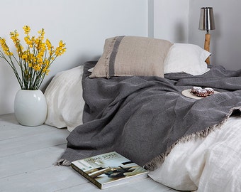 Linen Throw-Linen Throw for bed and sofa with Jacquard weaving-Linen Bedspread-Linen blanket-Heavy linen blanket-Available in any sizes.