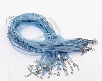 2 blue 43 cm waxed cotton thread and organza Ribbon necklaces