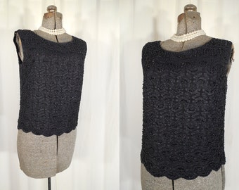 Vintage 1950s Blouse | 50s Large Black Beaded Top