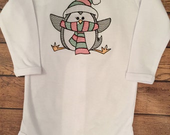 Christmas Penguin Sketch Embroidery Shirt or Baby Bodysuit